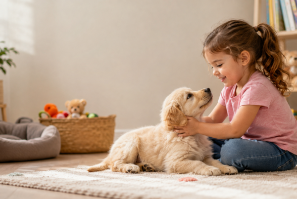 niña cuidando un perro cachorro
